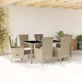 vidaXL 7 pcs conjunto de jantar p/ jardim com almofadões vime PE bege