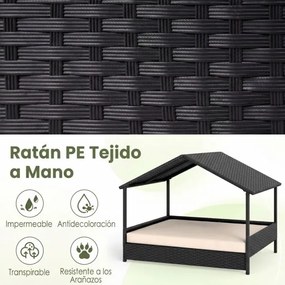 Cama de rattan para cães com toldo de rattan, para jardim 98 x 69 x 74 cm, Suporta 60 kg Almofada removível para interior e exterior Bege e preto