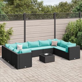 vidaXL 10 pcs conjunto lounge de jardim c/ almofadões vime PE preto