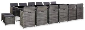 vidaXL 17 pcs conjunto jantar exterior com almofadões vime PE cinzento