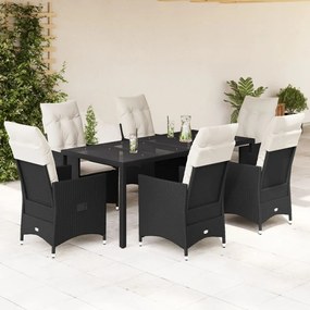 7 pcs conjunto de jantar p/ jardim c/ almofadões vime PE preto