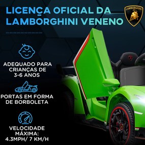 Carro Elétrico Lamborghini 12V Velocidade Máxima 7 km/h com Controlo Remoto MP3 Luzes e Cinto de Segurança 111x61x45 cm Verde