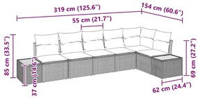 Conjunto de Sofá de Jardim de 6 Peças com Almofadas Bege Vime PE Acáci