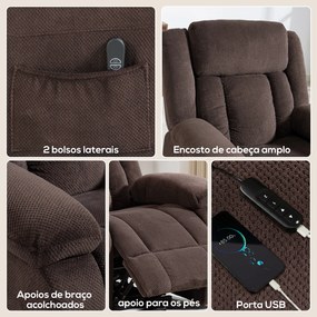 Poltrona Relax Reclinável Elétrica Elevatória com Porta USB Controlo Remoto Assento Largo Apoio para os Pés Castanho