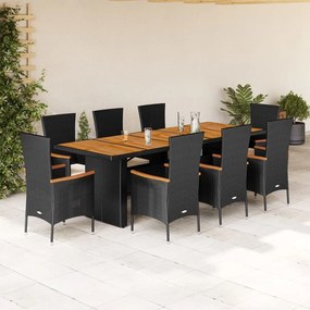 vidaXL 9 pcs conjunto de jantar p/ jardim c/ almofadões vime PE preto