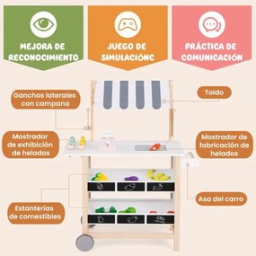 Carrinho de gelados de madeira para crianças com 6 gelados Balança Banca de mercado para crianças com mais de 3 anos Branco e cinzento