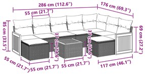 10 pcs conjunto sofás de jardim c/ almofadões vime PE preto