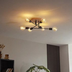 Plafón Art Déco Preto com Madeira 6-Luzes - Sydney