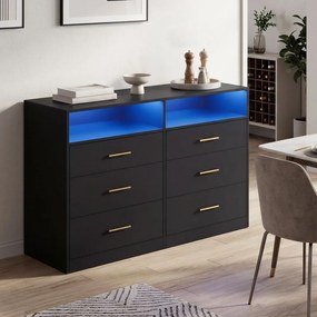 Cómoda com iluminação LED e base de carregamento 40 x 119 x 81,1 cm, 6 gavetas, moderna preta