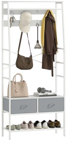 Móvel Cabide de Entrada com Banco Sapateira 8 Ganchos 2 Gavetas de Tecido Barra Prateleira 80x30x180,5 cm Branco e Cinza