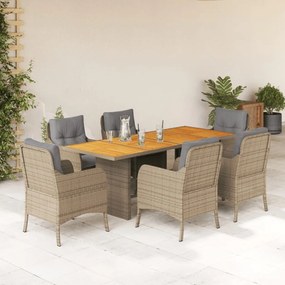 vidaXL 7 pcs conjunto de jantar p/ jardim com almofadões vime PE bege