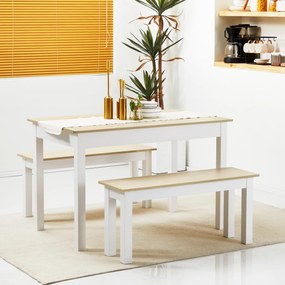Conjunto de mesa de jantar de 3 peças com 2 bancos encaixáveis para 4-6 pessoas, estilo contemporâneo, em aglomerado cor carvalho e branco
