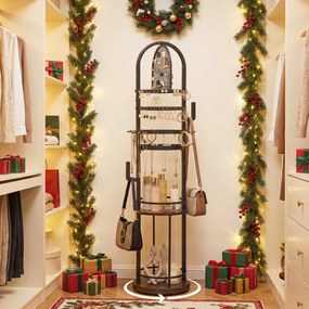 Organizador giratório 360º  33 x 33 x 148 cm com cabides e prateleiras para joias e carteiras Preto e Castanho