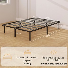 Estrutura Cama 140x190 cm (COLCHÃO NÃO INCLUIDO) Estrado de Cama de Plataforma de Aço com Ripas de Álamo Fácil de Montar Carga 350 kg Preto