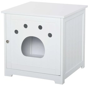 PawHut Casa para Gatos de Madeira Caixa de Areia para Gatos com Porta e Entrada em Forma de Garra para Descansar 48x51x51cm Branco