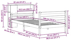 Cama com estante sem colchão 75x190 cm pinho maciço