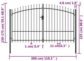 Portão p/ cerca porta dupla topo em espetos 3x1,75 m aço preto