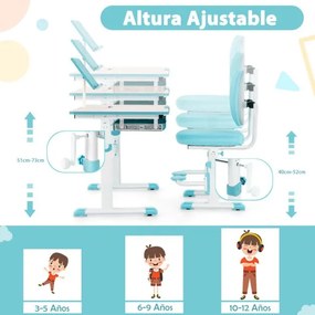 Conjunto de secretária e cadeira para crianças Mesa de estudo ajustável em altura com cadeira ergonómica Azul