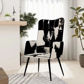 vidaXL Poltrona de apoio com pelo couro genuíno preto e branco