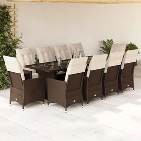 vidaXL 11 pcs conj. de bistrô p/ jardim c/ almofadões vime PE castanho