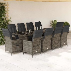 vidaXL 11 pcs conjunto bistrô de jardim c/ almofadões vime PE cinzento