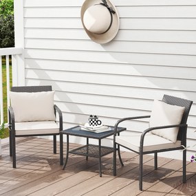 Conjunto de Jardim de 3 Peças com 2 Cadeiras e Mesa com Prateleira e Bancada de Vidro Castanho Escuro e Creme