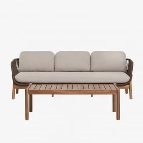 Conjunto De Jardim Com Sofá De 3 Lugares E Mesa De Centro Retangular 120x60 Cm Em Madeira De Acácia E Corda Trançada Karvia Castanho Acácia & Tecido C