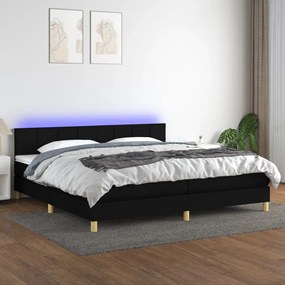 Cama box spring c/ colchão e LED 200x200 cm tecido preto