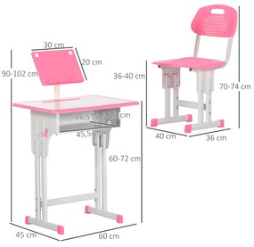 HOMCOM Conjunto de Secretária e Cadeira para Crianças de 6-12 Anos Secretária Infantil com Altura Ajustável 1 Gaveta 1 Suporte para Lápis e 1 Prateleira para Livros 60x45x90-120 cm Rosa