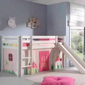 Conjunto Cama alta de Criança PINO 90 x 200 cm + estrado + escada + escorrega + cortina Primavera branca