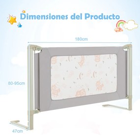 Barra segurança para cama infantil de 180 cm com elevação vertical de altura ajustável e trava de segurança dupla com impressão de folhas cinza