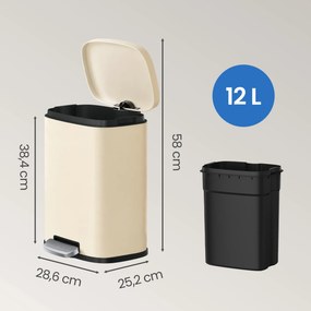 Caixote do lixo de 12 L, caixote com pedal 38,4 x 28,6 x 25,2 cm, com caixote interior e fecho suave, bege