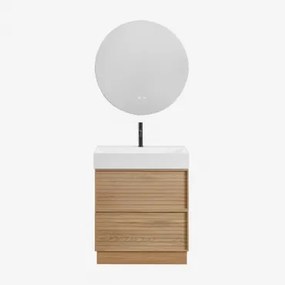Conjunto De Móveis De Banheiro Em Madeira Jolene Com Pia Integrada Madeira Natural & Redondo Led E Anti-embaciamento Ø70 Cm Riben & Preto - Sklum