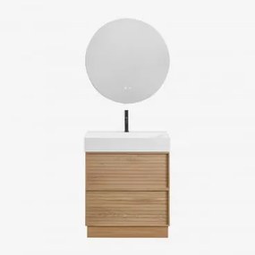 Conjunto De Móvel De Casa De Banho 70x50 Cm Em Madeira Com Lavatório Integrado Jolene Madeira Natural & Redondo Led E Anti-embaciamento - Sklum