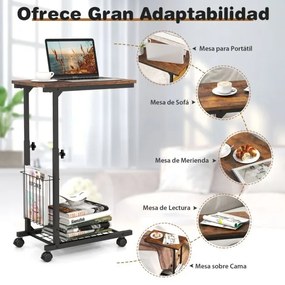 Mesa de apoio para sofá em forma de C com rodas Cesto de arrumação 50 x 30 x 58-80 cm Castanho