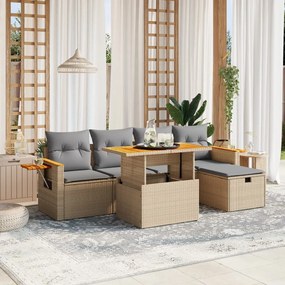 6 pcs conjunto de sofás p/ jardim com almofadões vime PE bege
