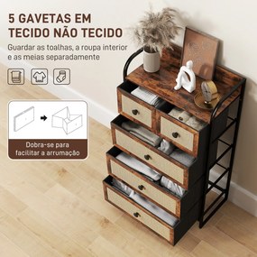 Cómoda "Freya" com 5 Gavetas e Frente em Vime - Castanho Rústico e Pre