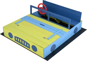 Caixa de areia infantil em madeira com tema de carro 118 x 100 x 40 cm, com capota conversível, bancos, forro e volante, para crianças a partir dos 18