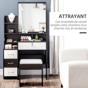 Conjunto de toucador com banco estofado, espelho grande + várias prateleiras abertas + 4 gavetas, branco e preto