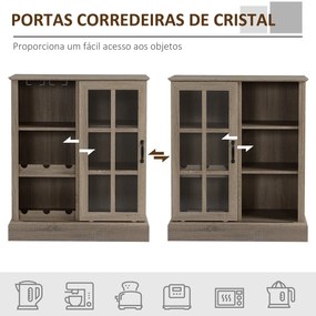 Aparador de Cozinha Moderno com Porta de Vidro Suporte para 6 Taças e Suporte para até 6 Garrafas Móvel Auxiliar de Armazenamento para Sala de Jantar