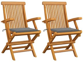 vidaXL Cadeiras de jardim c/ almofadões cinzentos 2 pcs teca maciça