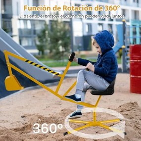 Escavadora de areia para crianças com controlos de duas mãos e pá flexível, assento giratório 360° e encosto 123 x 62 x 62 cm amarelo