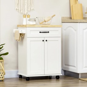 Carrinho de cozinha com rodas 68 L x 40 l x 83,5 A cm e vários compartimentos de arrumação: 1 gaveta, 1 armário, 1 suporte para panos de cozinha branc