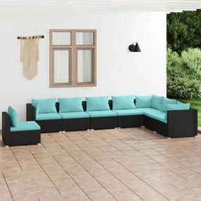 vidaXL 8 pcs conjunto lounge de jardim c/ almofadões vime PE preto