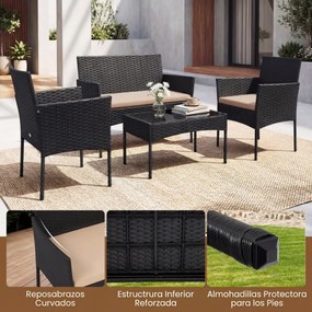 Conjunto de jardim em rattan de 4 peças, com 2 poltronas, sofá de 2 lugares, mesa auxiliar e almofadas de espuma, para alpendre, pátio ou terraço, Pre