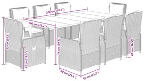 9 pcs conjunto de jantar p/ jardim c/ almofadões vime PE preto