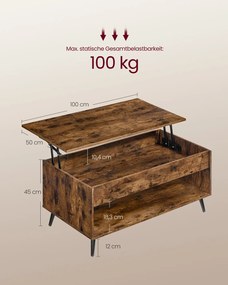 Mesa de centro 50 x 100 x 45/58,5 cm com tampo ajustável e compartimento oculto, castanho vintage e preto