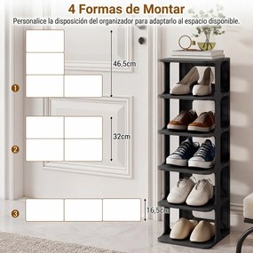 Organizador de sapatos empilhável com 6 níveis em Plastico 27,5 x 24,5 x 76,5 cm, estante estreita vertical, economiza espaço, montagem sem ferramenta