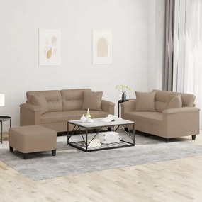 vidaXL 3 pcs conjunto sofás c/ almofadas couro artificial cappuccino