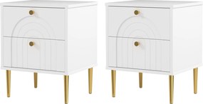 Conjunto de 2 mesas de cabeceira com 2 gavetas e pés em aço para quarto 40 x 35 x 50 cm, sala de estar, branco